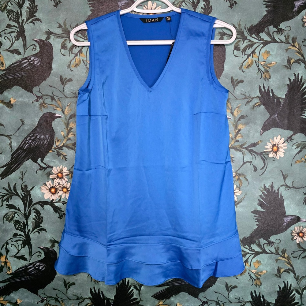 IMAN Global Chic Tunic Top Cobalt Blue V-Neck Tiered Ruffle Hem Sleeveless XS